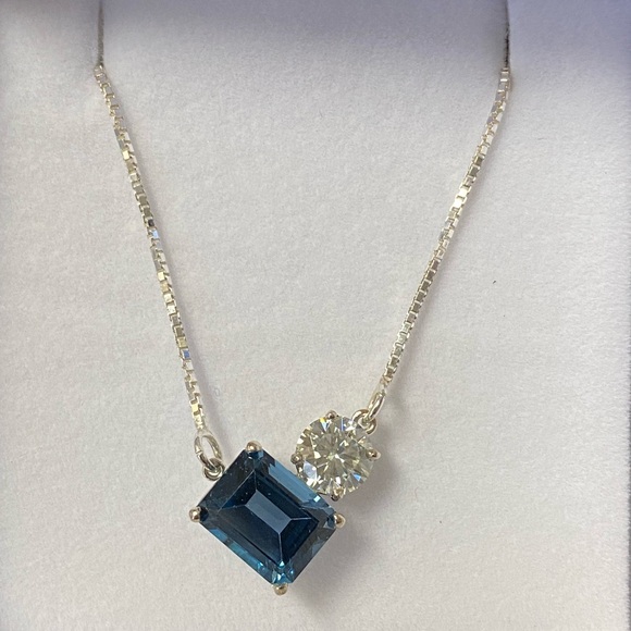 Jewelry - Elegant London Blue Topaz and Moissanite Sterling Silver Necklace- ONE OF A KIND